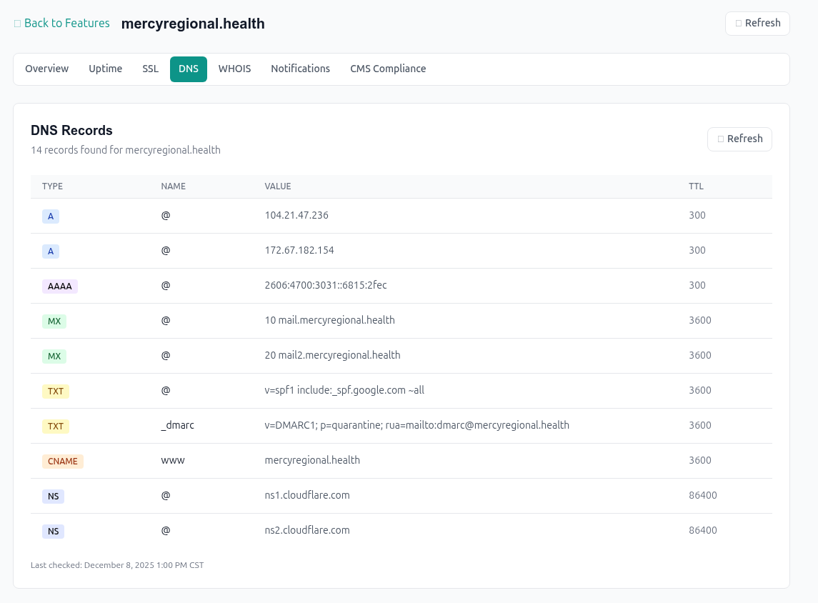 DNS Records Monitoring with Change Detection